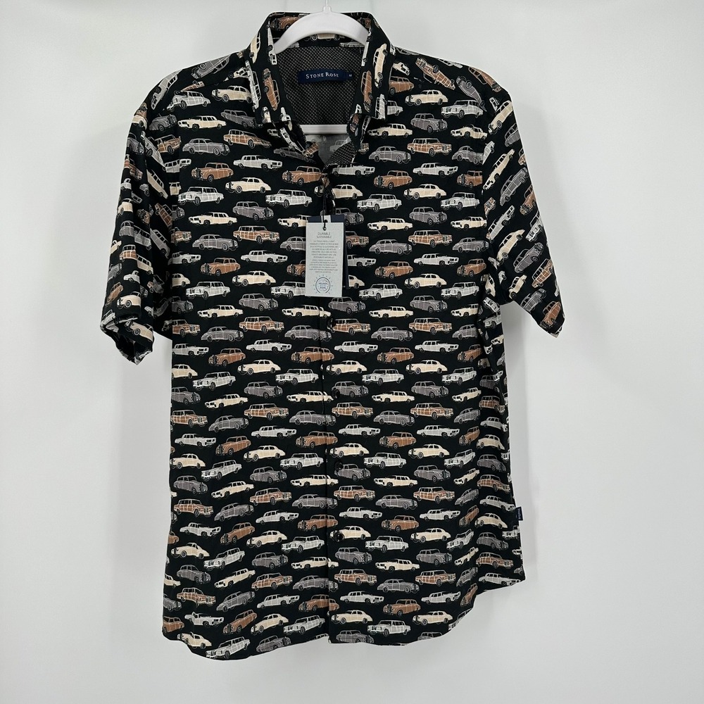 Stone Rose Men Classic Car Print Short Sleeve Button Up Shirt Black Size M Retro